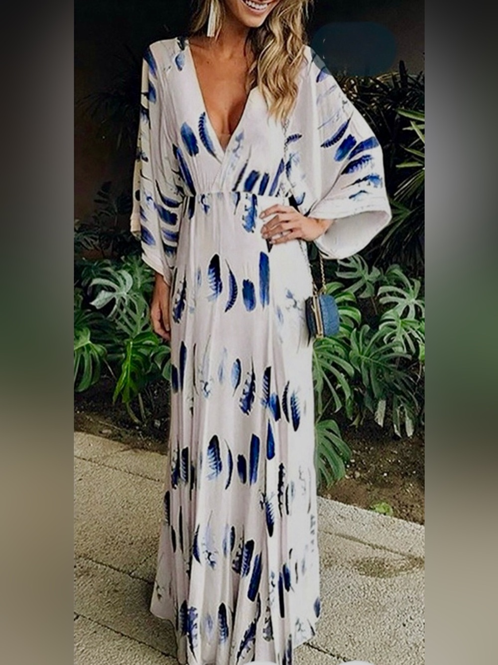 Bohemian White Maxi Dress with Blue Brushstroke Print